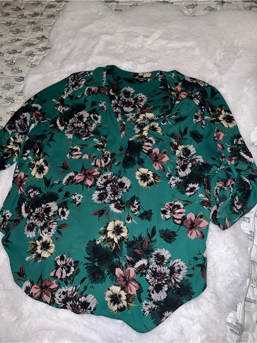 torrid Teal Floral Split-Neck Blouse with Pink & Cream Blooms